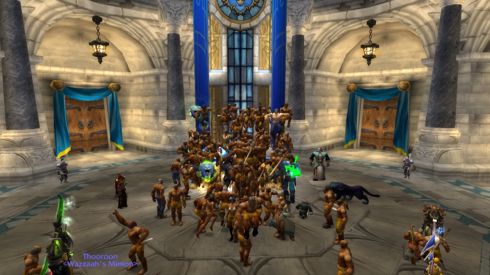 Figure 3.  ...a prompt assembling of brown skinned and inappropriately named level one humans in the Alliance capital city of Stormwind
